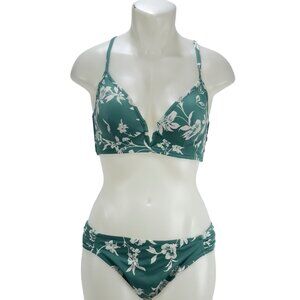 SHADE & SHORE Women's Swimsuit Teal White Floral Bikini Size 34B Top/L Bottom